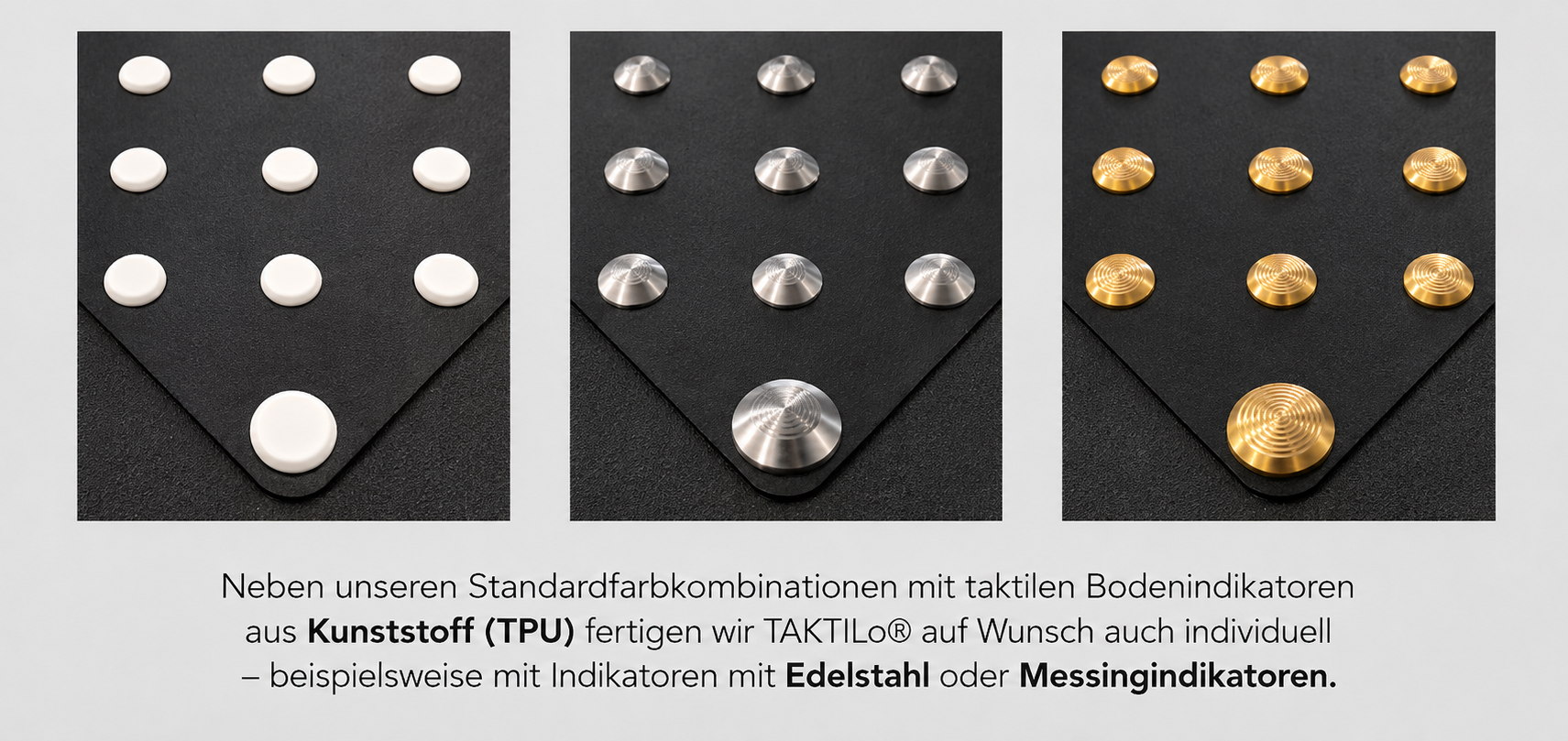 Drei Module von farbigen und metallic glänzenden Noppen auf schwarzem Hintergrund.
