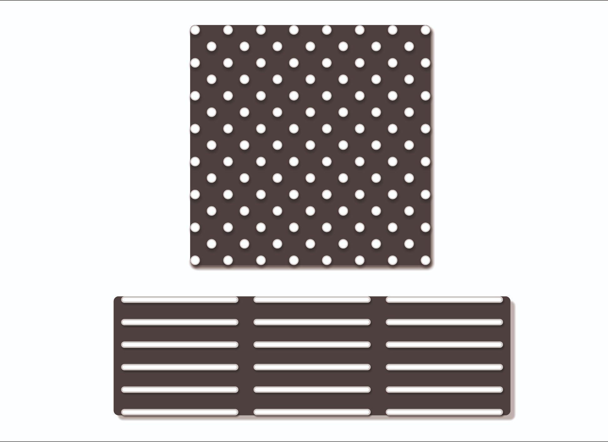 Schwarze Matte mit weißen Punkten oben und rechteckiger Struktur mit Streifen unten.