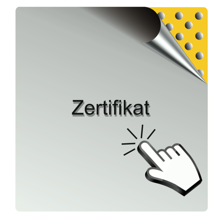 Graues Zertifikat mit abgeklebtem Ecke und Handzeigefinger.