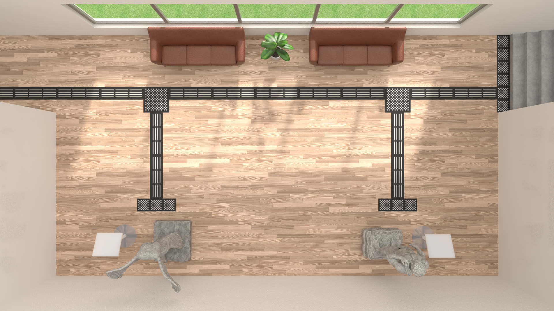 Raumansicht mit zwei Sofas, Pflanzen und einem Fußboden aus Holz mit Schienen.