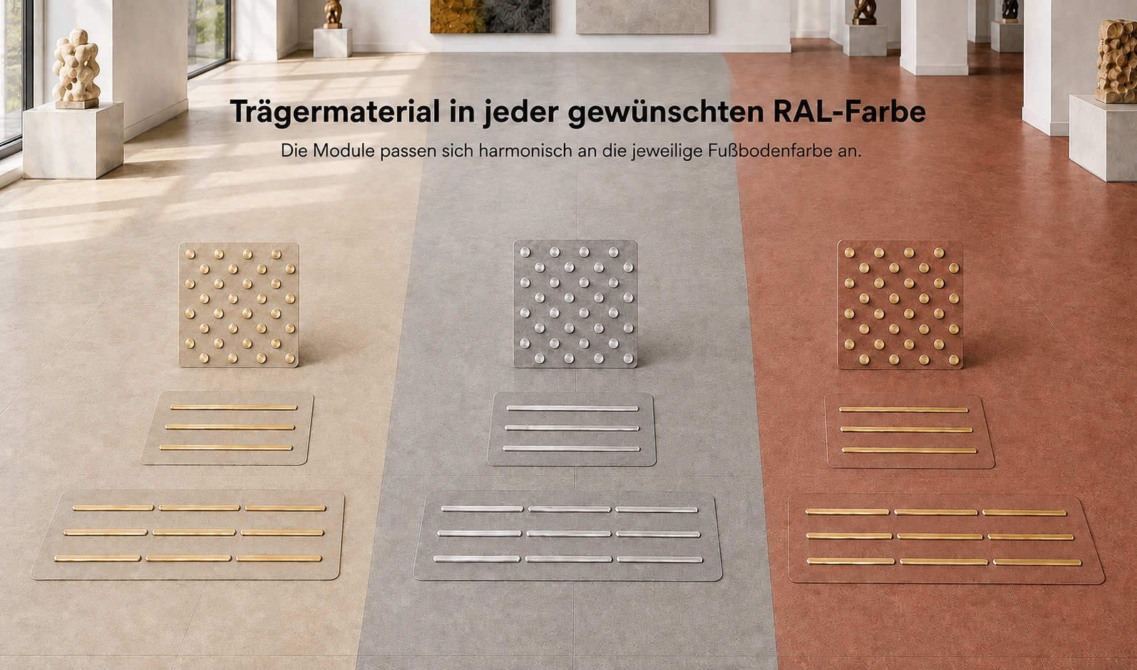 Kombinationsmöglichkeiten Farbmuster mit verschiedenen Kombinationen in Schwarz, Weiß, Grau und primären Farben für TAKTILo.