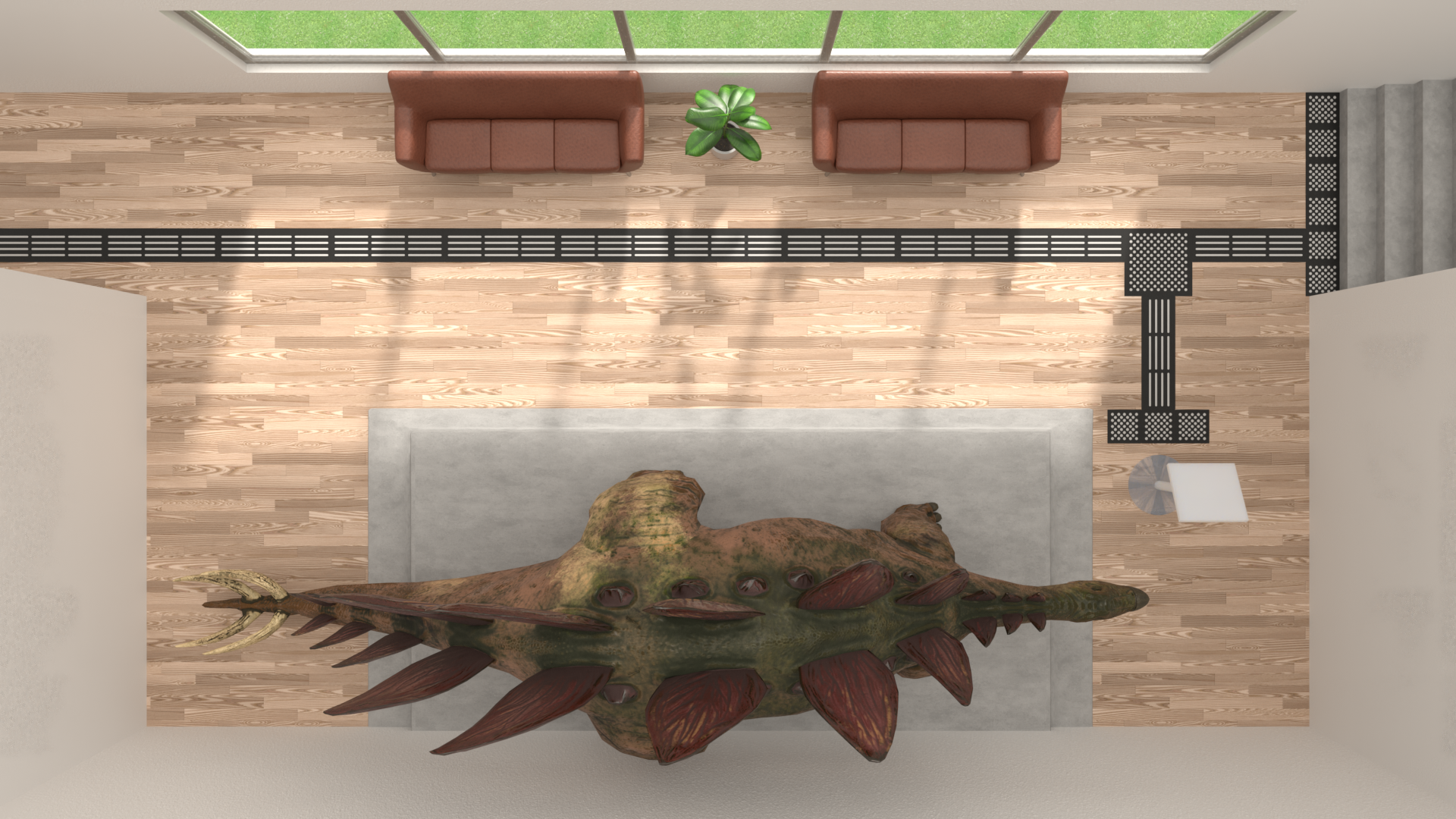 Moderne Wohnung mit einem großen, fischähnlichen Kunstwerk im Vordergrund.