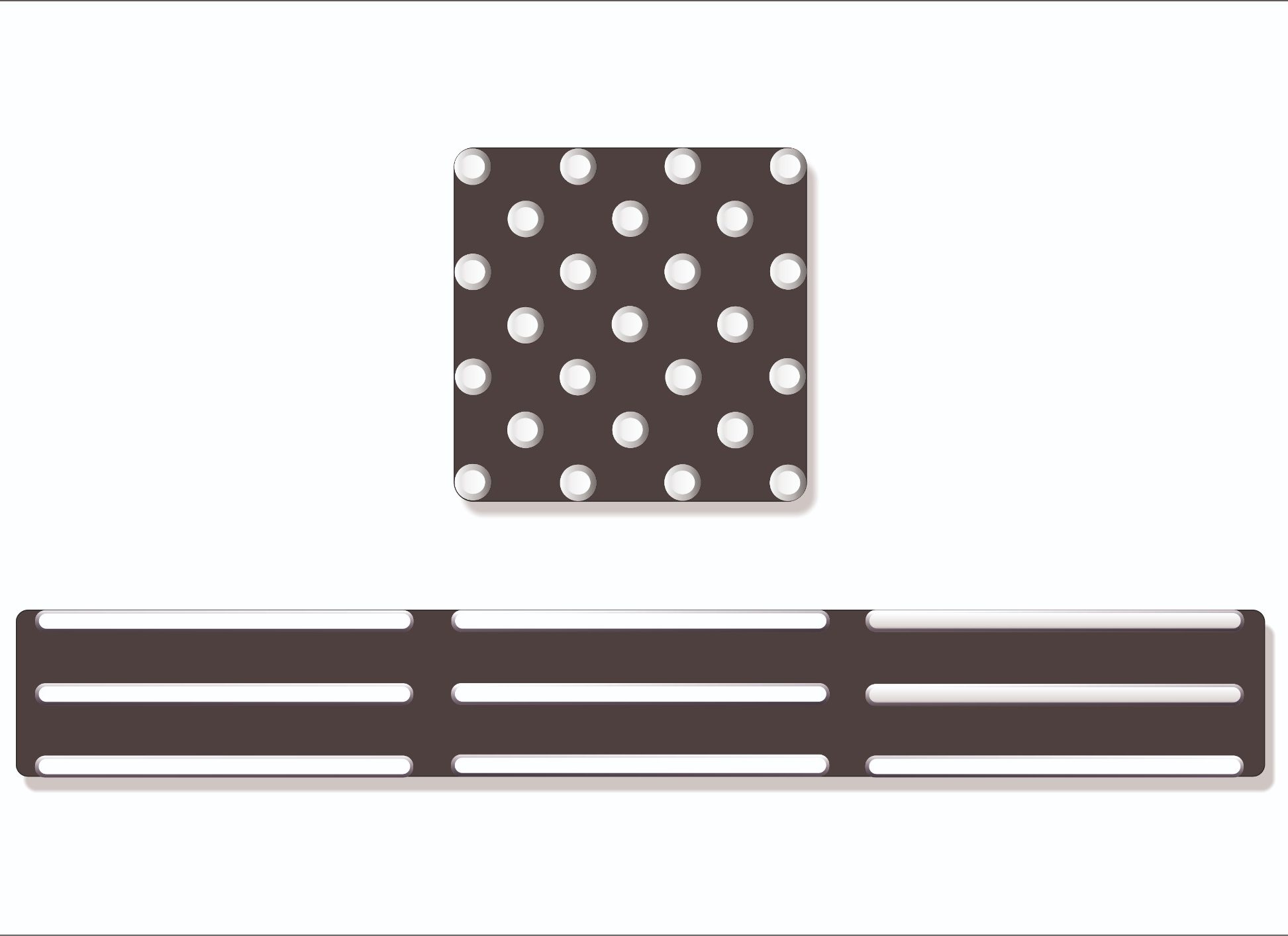 Schwarze Matte mit weißen Punkten oben und rechteckiger Struktur mit Streifen unten.