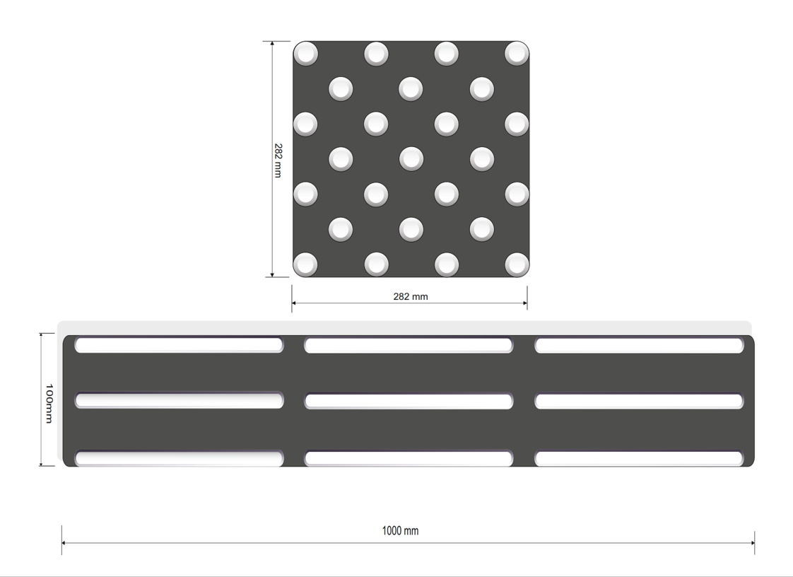 Schwarze Matte mit weißen Punkten oben und rechteckiger Struktur mit Streifen unten.