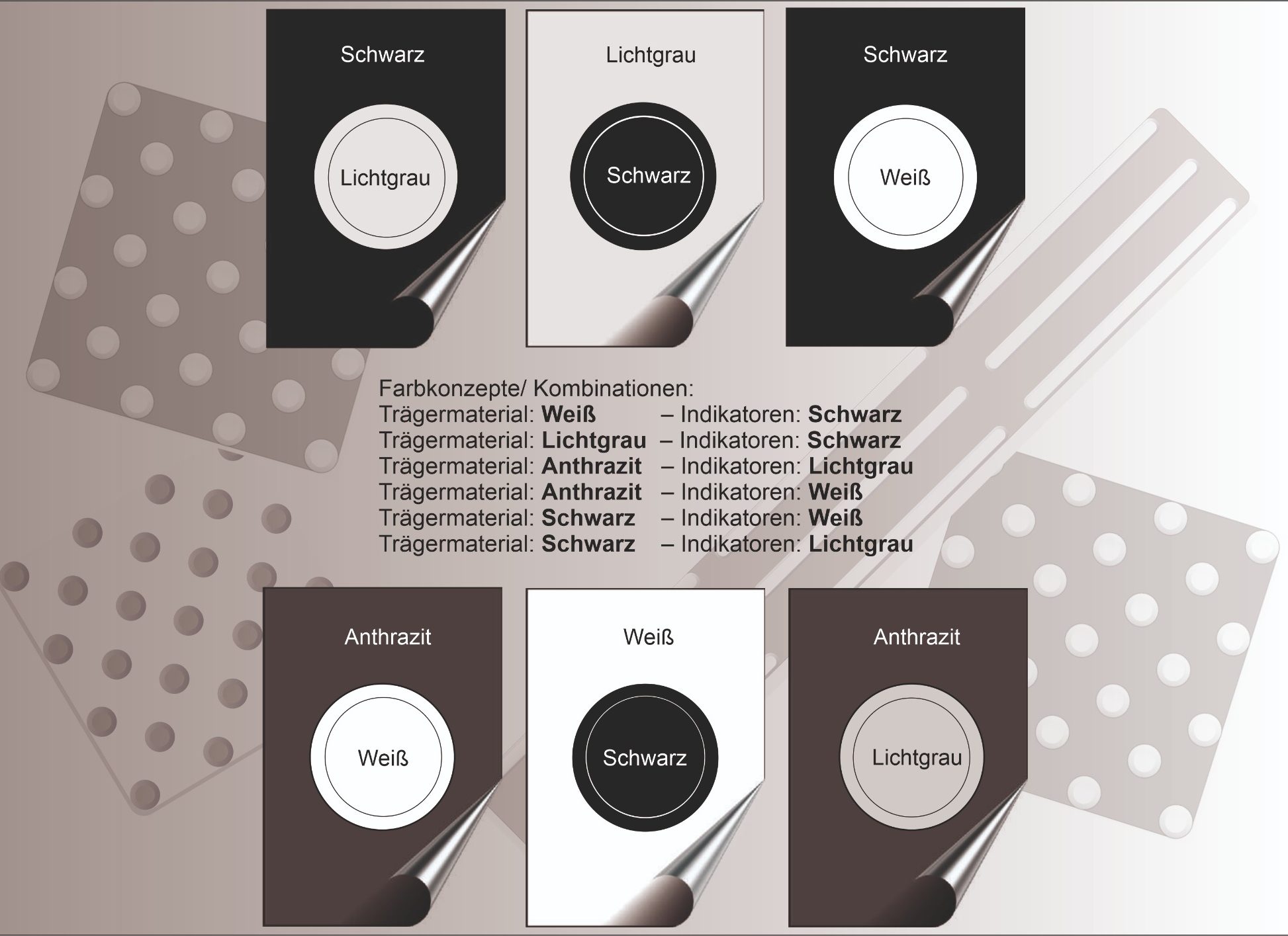 Schwarze Matte mit weißen Punkten oben und rechteckiger Struktur mit Streifen unten.
