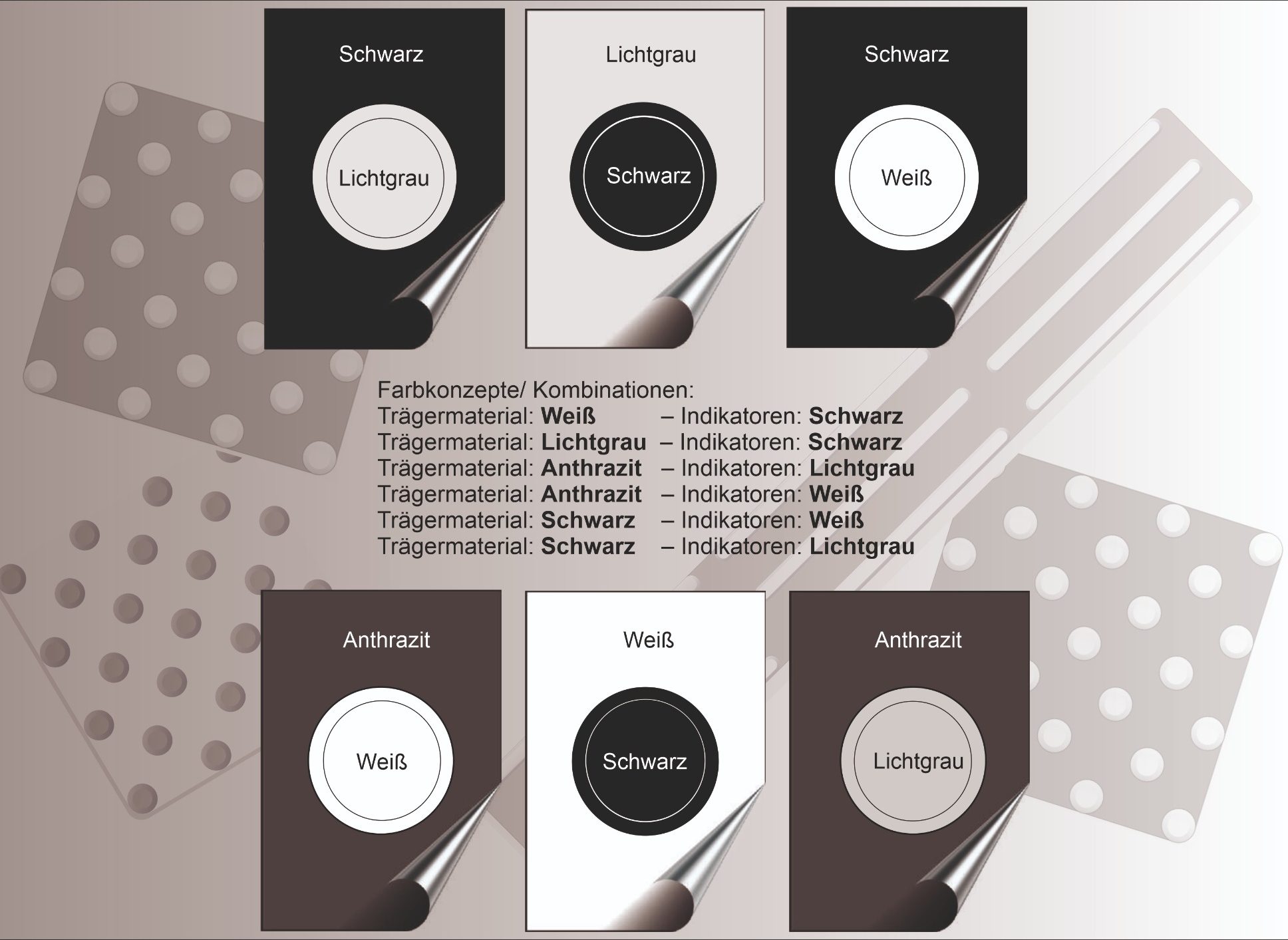 Tabellenübersicht mit verschiedenen Farben und Texturen für Designoptionen.
