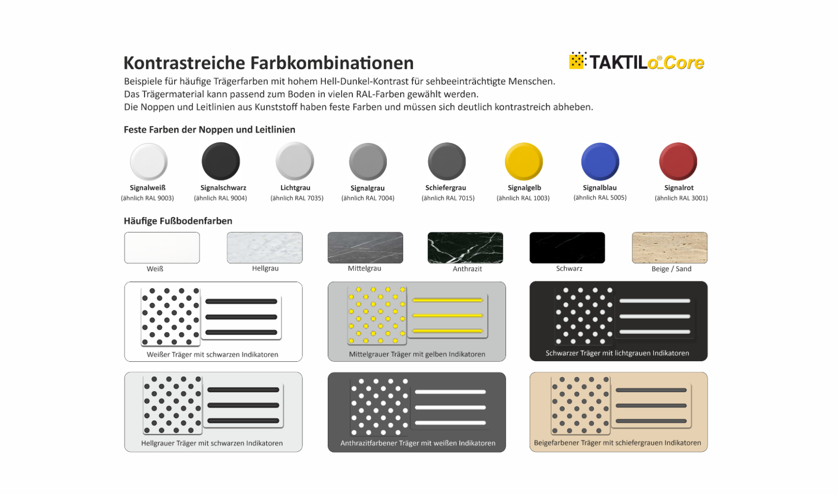 Farbmuster mit verschiedenen Kombinationen in Schwarz, Weiß, Grau und primären Farben für TAKTILo.